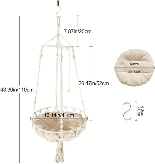 Cat Hammock Bed,Handwoven Hanging Boho Cat Bed with Hanging Kit for Indoor Outdoor Home Decor Ceiling Catio Swing for Playing Sleeping Climbing and Lounging(16.14x43.3in)