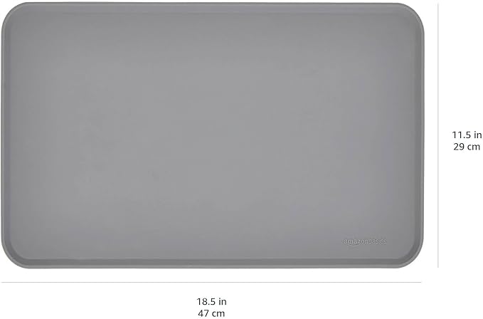 Amazon Basics Waterproof Non-Slip Silicone Pet Feeding Mat with Raised Edges, Prevents Spills, Easy to Clean, Protects Floors for Cat & Dog Food and Water Bowls, 18.5 x 11.5 Inches, Gray
