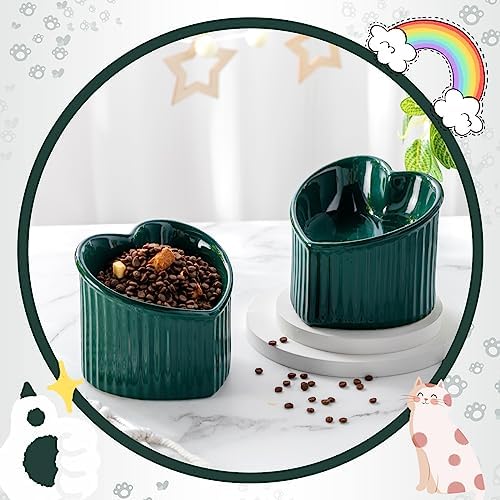 Mumufy 2 Pcs Ceramic Elevated Cat Bowls Tilted Elevated Raised Pet Bowls Anti Vomit Cat Dish for Indoor Stress Free Water Dish Feeder for Puppies, Heart Shaped(Peacock Green) - Image 4