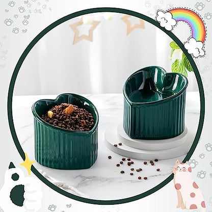 Mumufy 2 Pcs Ceramic Elevated Cat Bowls Tilted Elevated Raised Pet Bowls Anti Vomit Cat Dish for Indoor Stress Free Water Dish Feeder for Puppies, Heart Shaped(Peacock Green) - Image 4