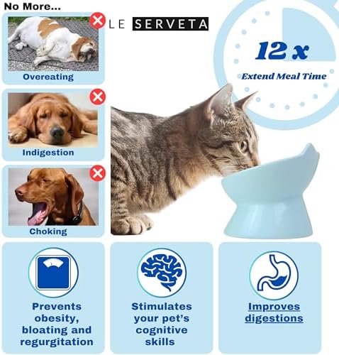 Macarons Series Ceramic Slow Feeder Cat Bowl, Raised Puzzle Feeder, Anti Vomiting Cat Slow Feeding, Elevated Food Bowl, Whisker Friendly Pet Bowl with Cute Ear Design (Blue) - Image 3
