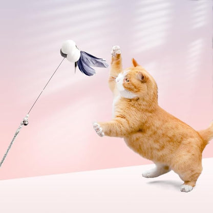 Cat Wand Toys, 5Pcs Interactive Kitten Feather Wand Toys for Bored Indoor Cats, Cat Teaser Wand with Bell and Crinkly Paper, Grey