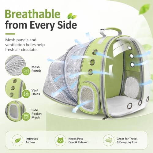 Expandable Cat Carrier Backpack with Bubble Window and Mesh, Light Green - Image 4