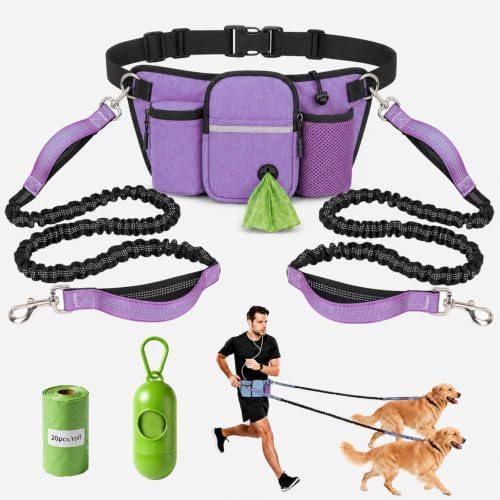 Double Dog Leash for 2 Dogs, Waist Leash for Dog Walking, Hands Free with Waist Bag, Adjustable Reflective Walking Belt with Multi Pocket Fanny Pack, Daily Jogging Hiking Walking Biking by Unknown