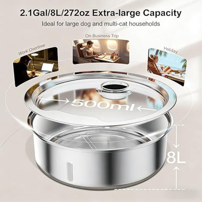 Dog Water Fountain, 8L/2.1 Gal Stainless Steel for Large Dogs & Multi-Pet - Image 4