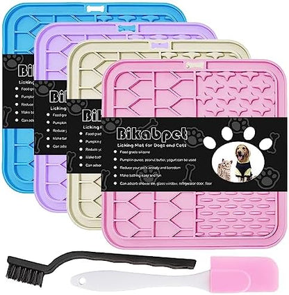 Lick Mat for Dogs and Cats，Cat Licking Pad with Suction Cups for Dog Anxiety Relief，Dog Peanut Butter Lick Pads for Dogs Perfect for Bathing Grooming,Slow Feeders for Dogs and Cats,4Pack by Bikabpet
