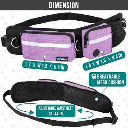 PetAmi Hands Free Dog Leash, Running Leash Belt Bag for Walking, Jogging, Waist Double Zipper Pouch with Poop Dispenser, Dual Padded Handles Reflective Bungee Double, Purple, 2 Leashes - Image 2