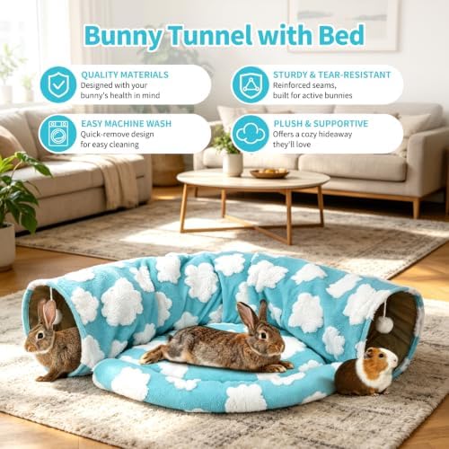 BWOGUE Bunny Tunnel Bed, 2-in-1 Collapsible Rabbit Tunnel Hideout with Mat - Image 5