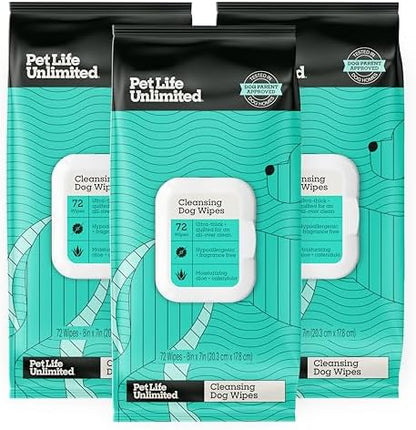 Pet Life Unlimited Wipes for Dogs 72 Count, Hypoallergenic, Fragrance-Free, Sensitive Skin Grooming Wipes for Paws, Body & Butt, Plant-Based, Moisturizing with Aloe & Calendula, USA Made (Pack of 3) by PetLifeUnlimited