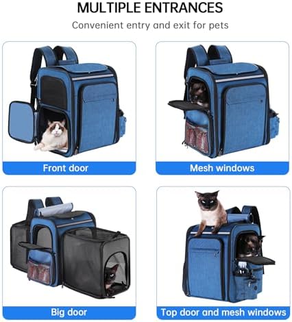 Cat Carrier Backpack for Travel,Dog Carrier Backpack for Large cat, Small Dogs,Puppies Up to 20 Lbs,Expandable Cat Backpack for Outdoor Hiking,Pet Carrier Backpack,Cat Backpack Carrier (Blue) - Image 3