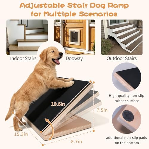 2-Pack Wood Dog Ramp for Stairs with Anti-Slip Rubber Mat, Adjustable Height Wooden Stair Wedges for Puppies Going Up and Down Stairs, Elderly Dog Stair Assist, Dog Door Ramp - Image 2