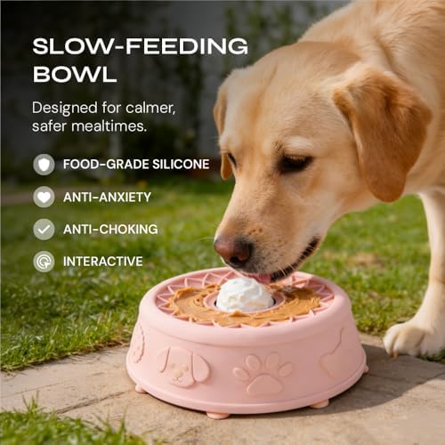Slow Feeder Dog Bowl with Rolling Ball, No Spill Silicone Pet Lick Bowl for Dogs and Cats, Anti Slip Suction Base, Interactive Pet Feeder for Slower Eating and Cleaner Mealtime (White) - Image 2