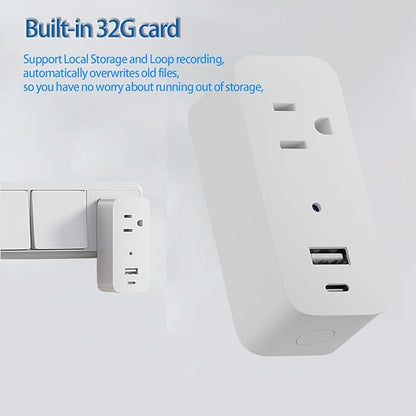 Wireless Plug 1080p Camera Smart Power Strip Support App Remote & Local Storage Suitable for Pet Monitor Built-in 32G Memory Card (No Audio)