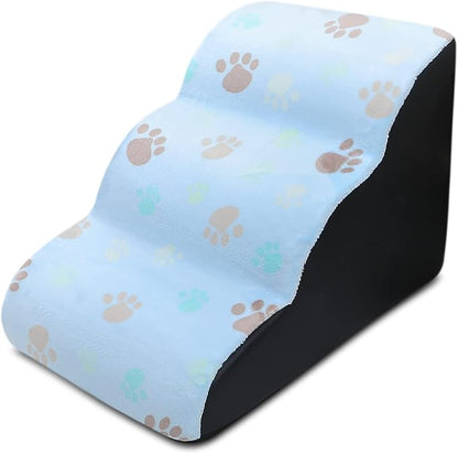 Pet Stairs, 3-Steps Dog Stairs, Removable and Washable Dog Stairs with Slope Steps and Non-Slip Bottom, Soft and Comfortable Dog Ramp(Blue-Paw)