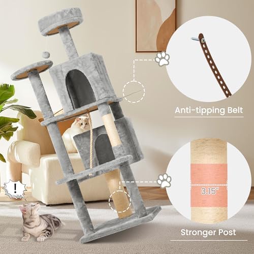 58.5inch Large Cat Tree Tower Condo for Indoor Cats, Soft Plush Multi-Level Climbing Tree Cat House with Cat Cave, Scratching Post, More Entrance/Exit, Sisal Rope, Light Grey - Image 5