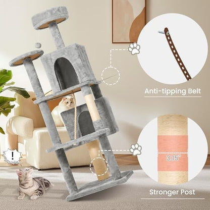58.5inch Large Cat Tree Tower Condo for Indoor Cats, Soft Plush Multi-Level Climbing Tree Cat House with Cat Cave, Scratching Post, More Entrance/Exit, Sisal Rope, Light Grey - Image 5