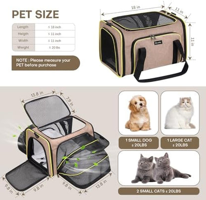 Pet Carrier, Large Soft Sided Expandable Travel Carrier with Steel Frame, Anti-Scratch Mesh, Removable Fleece Pad and Pockets for Cats, Dogs and Small Animals up to 15 lbs (Brown, 4 Sides Expandable) - Image 5