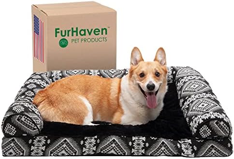Furhaven Pillow Dog Bed for Large/Medium Dogs w/ Removable Bolsters & Washable Cover - Plush & Southwest Kilim Woven Decor Sofa - Black Medallion, Large by FurHaven