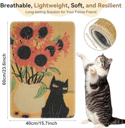 3-in-1 Sisal Cat Scratch Mat Sunflower 23.6x15.7'' Floor & Wall Cat Scratcher Pad, Protects Carpet Couch & Furniture with Sticker Tape, Anti-Slip, Durable for Indoor Outdoor Cats - Image 5