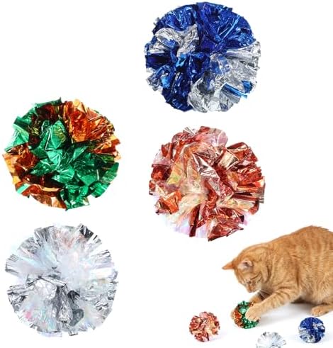 Crinkle Balls Cat Toys, 4 Pcs 3.54 Inch Cat Toys for Indoor Cats, Shiny Mylar Colorful Cats Pounce Chase Toy Attract Kitten to Swat, Interactive Toy for Kittens to Kill Time and Keep Fit by Unknown