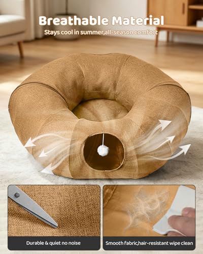 Linen Cat Tunnels with Central Cat Bed, Interactive Cat Toys Detachable Washable Soft Mat Large Indoor Play Tunnel Cave for Kittens and Small Animals - Image 3