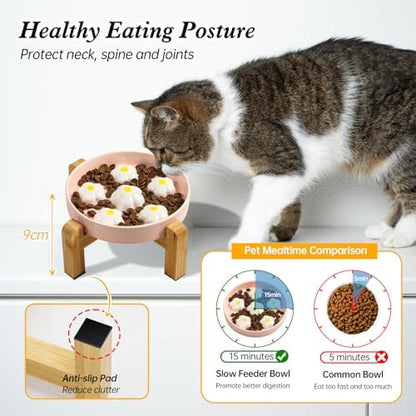 Elevated Ceramic Slow Feeder Cat Bowl with Anti-Slip Bamboo Stand - Image 3