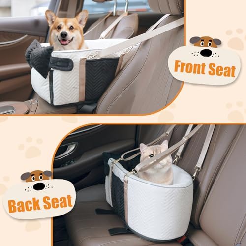 Dog Car Seat for Small Dogs, Portable Center Console Dog Car Seat, Pet Booster Seats with Safety Belt and Soft Cushion, Pet CarSeat for Dogs and Cats Under 15 lbs, White - Image 6