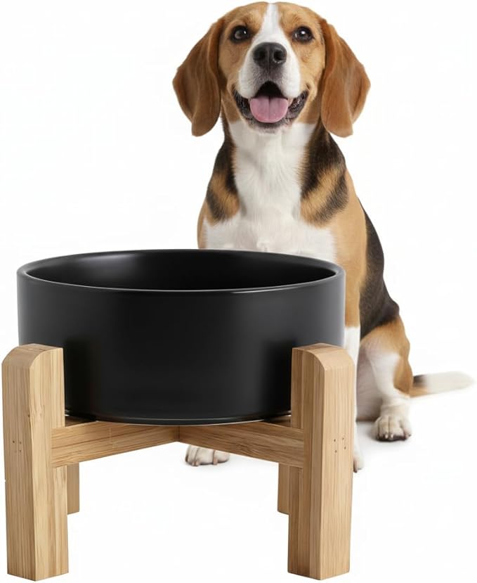Elevated/Raised Ceramic Dog Bowl with Bamboo Stand,8 inch 7.6 Cups Non-Slip Heavy-Weighted Single Pet Dish, Reduces Neck Strain Black