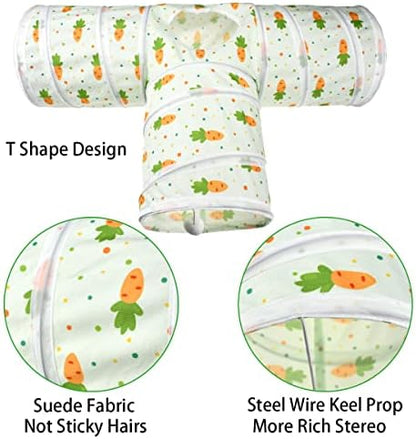Bunny Rabbit Tunnels Rabbit Cat 3 Way Collapsible Tunnel with Cute Carrot Patterns Small Pet Hideout Activity Tunnel Tube Toy for Bunny Kitten Cat Dwarf Guinea Pig T Shape - Image 3