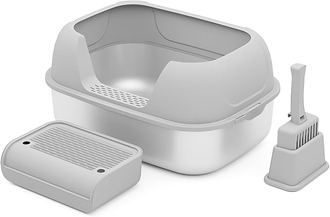 Stainless Steel Sifting Litter Box with Lid, Metal Litter Pan with Scoop for Big Cats Multi Cat, Extra Large Cats Litterbox Odor Control Easy Clean