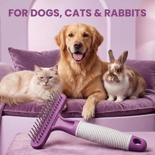 POODLIE Poodle Pet Dog Grooming Rake| Dematting Tool with Stainless Steel Shedding Comb for Pets | 2 Rows of Pins Gently Remove Loose or Tangled Hair from Undercoat | Purple Handle - Image 5