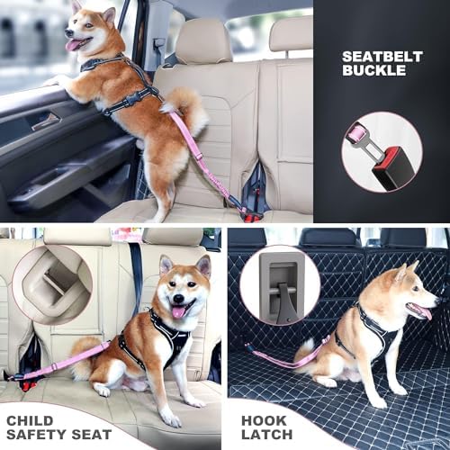 IOKHEIRA Dog Seat Belt 3-in-1 Car Harness for Pets Adjustable Safety Seatbelt Nylon Reflective Bungee Fabric Dog Car Harness with Clip Hook Latch & Buckle, Swivel Zinc Alloy Carabiner (Pink) - Image 6