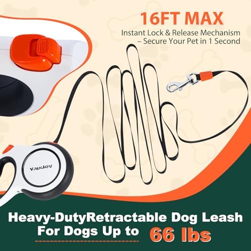 Retractable Dog Leash, 16ft Heavy Duty Retractable Pet Leash with Poop Bag Holder, 360° Tangle-Free for Small Medium Large Dogs Up to 66lbs, Anti-Slip Handle,One-Handed Brake Pause Lock（White） - Image 2