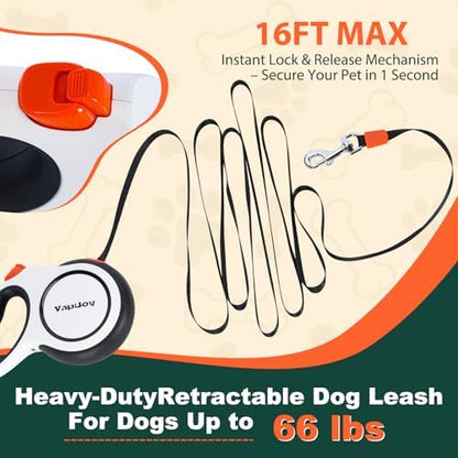 Retractable Dog Leash, 16ft Heavy Duty Retractable Pet Leash with Poop Bag Holder, 360° Tangle-Free for Small Medium Large Dogs Up to 66lbs, Anti-Slip Handle,One-Handed Brake Pause Lock（White） - Image 2
