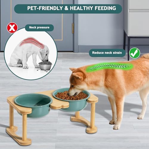 Ceramic Elevated Dog Bowls, Raised Pet Food and Water Bowl Set, Dark Green - Image 2