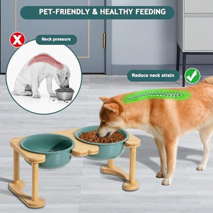 Ceramic Elevated Dog Bowls, Raised Pet Food and Water Bowl Set, Dark Green - Image 2