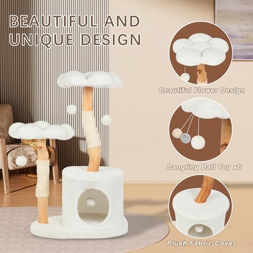 Cute Cat Tree Tower for Indoor Cats Adult, Wood Flower Cat Trees with 6 Pompoms, Modern Cat Tree Tower with Scratching Post, Aesthetic Luxury Cat Condo for Cats Kitten, Ivory - Image 5