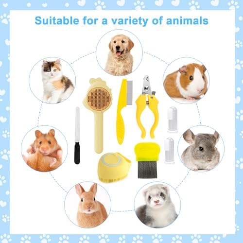 VCZONE 8 Pcs Cat Brush Grooming Kits, Pet Self Cleaning Kit with Pet Nail Clipper and File, Flea Comb, Pet Shampoo Bath Brush, Pet Shedding Brush, Silicone Toothbrush (Yellow) - Image 7