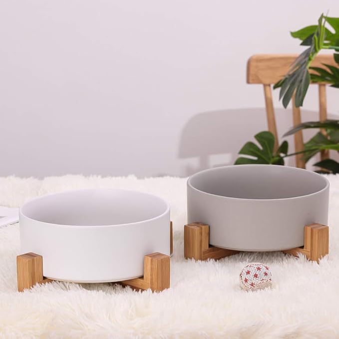 Ceramic Dog Bowl with Bamboo Stand - Large Dog Dish for Food and Water - Heavy Weighted, No Tip Over - 8.4" Diameter - Grey