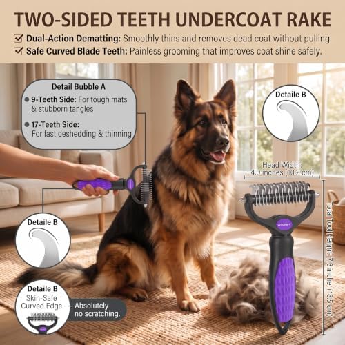 5 PCS Cat & Dog Grooming Kit Brush, Self-Cleaning Slicker Hair Brush, Nail Clipper, Undercoat Rake, Pet Bath Brush with Removable Screen,Pet Comb for Short & Long Haired Dogs Cats, Purple - Image 3
