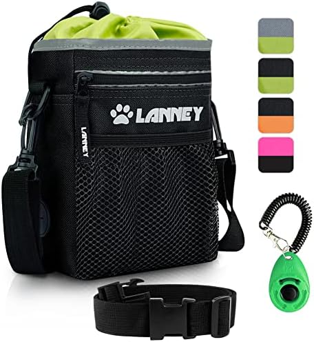 Dog Treat Pouch Pet Training Bag for Small to Large Dogs, Treat Tote Carry Kibble Snacks Toys for Training Reward Walking, Metal Clip, Waist belt, Shoulder Strap, Poop Bag Dispenser, Black with Green by LANNEY