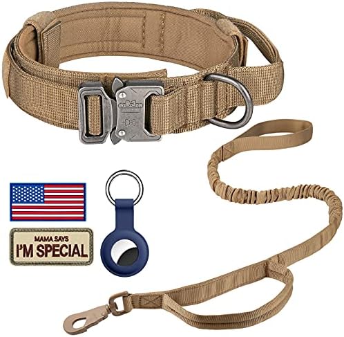 DAGANXI Tactical Dog Collar Leash Set, Adjustable Military Training Nylon Dog Collar with Controll Handle and Heavy Metal Buckle for Medium and Large Dogs，with Patches and Airtags Case (L, Brown-Set) by DAGANXI