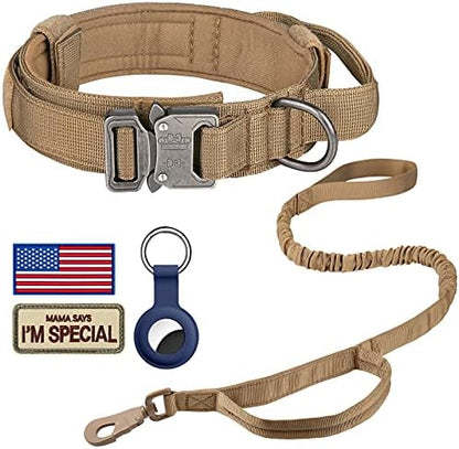 DAGANXI Tactical Dog Collar Leash Set, Adjustable Military Training Nylon Dog Collar with Controll Handle and Heavy Metal Buckle for Medium and Large Dogs，with Patches and Airtags Case (L, Brown-Set) by DAGANXI