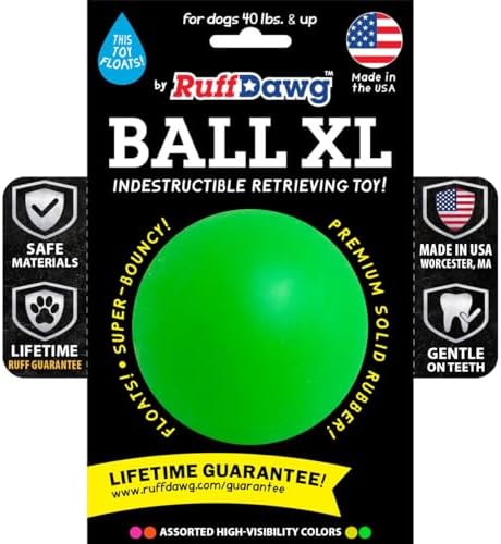 Ruff Dawg Indestructible Dog Ball XL 3.5”Green – Heavy-Duty Rubber Fetch Toy for Aggressive Chewers – Extreme Bounce, Floats, BPA & Latex Free – Made in USA by RuffDawgDogToys