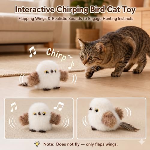 Flapping Bird Cat Toy, White Sparrow Plush Touch Activated Bird Chirp Cat Toy with Refillable Catnip, USB Rechargeable Interactive Kitten Exercise Toy,4.92"(No Flying) - Image 3