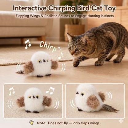 Flapping Bird Cat Toy, White Sparrow Plush Touch Activated Bird Chirp Cat Toy with Refillable Catnip, USB Rechargeable Interactive Kitten Exercise Toy,4.92"(No Flying) - Image 3
