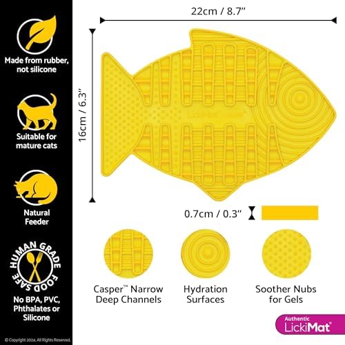 LickiMat Casper, Fish-Shaped Cat Slow Feeders Lick Mat, Boredom Anxiety Reducer; Perfect for Food, Treats, Yogurt, or Peanut Butter. Fun Alternative to a Slow Feed Cat Bowl or Dish, Yellow - Image 2