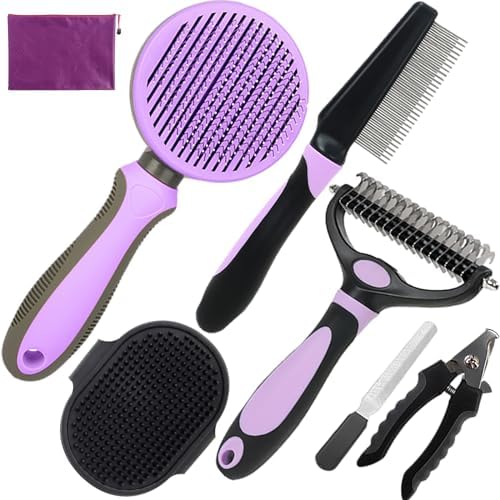 Dog Brush for Shedding, 7 PCS Dog Grooming Brush Kit Including Undercoat Rake, Slicker Brush, Dematting Comb, Nail Clipper, Bath Brush for Long & Short Haired Dogs, Cats - Purple by KUEIOX