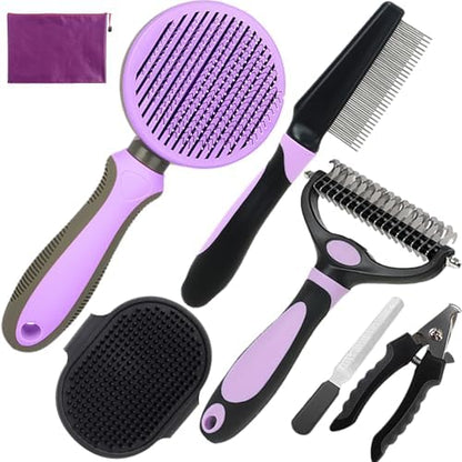 Dog Brush for Shedding, 7 PCS Dog Grooming Brush Kit Including Undercoat Rake, Slicker Brush, Dematting Comb, Nail Clipper, Bath Brush for Long & Short Haired Dogs, Cats - Purple by KUEIOX
