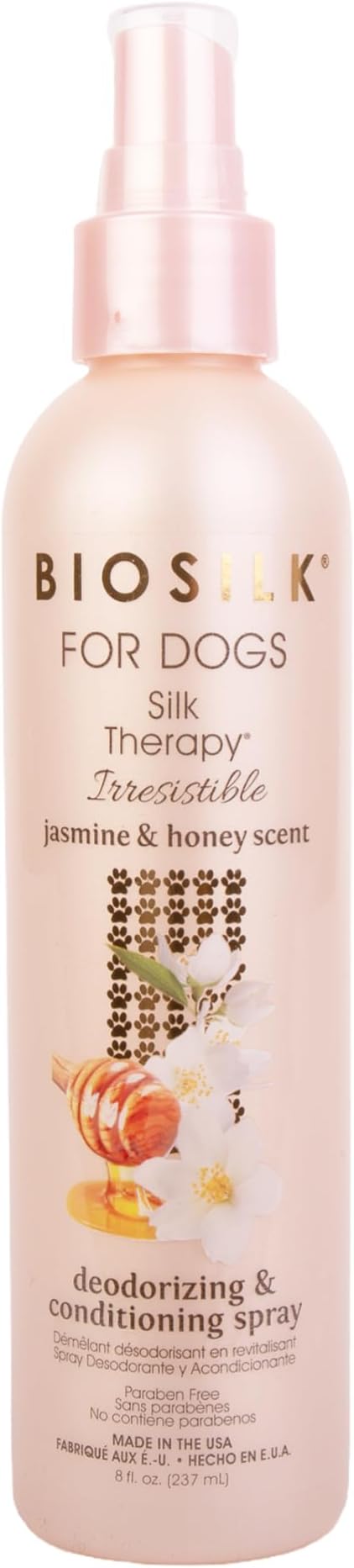 BioSilk for Dogs Silk Therapy Irresistible Deodorizing and Conditioning Spray, Jasmine and Honey Scent, Hydrolyzed Silk Proteins, Paraben Free, pH Balanced for Dogs, Safe 8 Weeks+, 8 fl oz